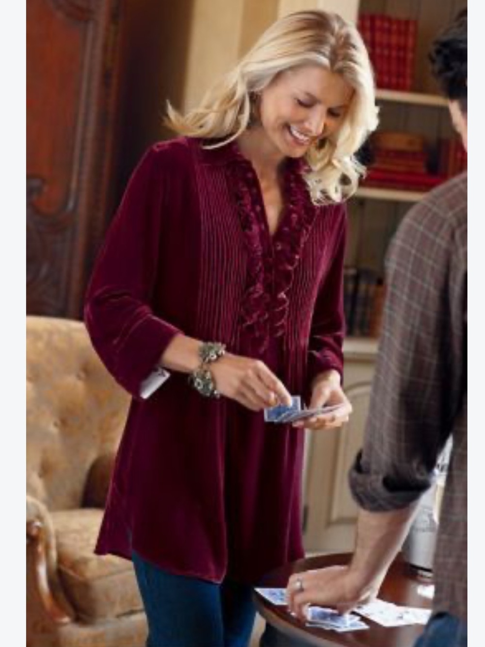 Soft Surroundings Burgundy Velvet Ruffle Pintuck Tunic Blouse Wine Red